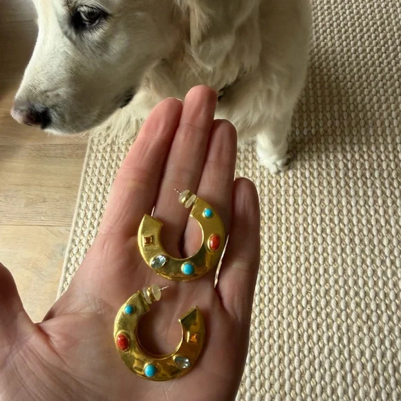 Gold Hoop Earrings with Coral, Turquoise and Clear Accent Stones - Picture 3 of 3